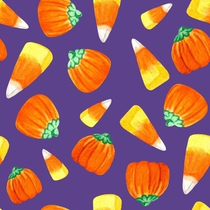 Large Scale Trick or Treat Halloween Candy Corn and Pumpkins Autumn Mellocremes on Grape Purple