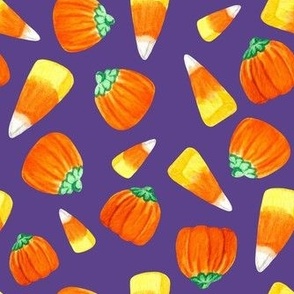 Medium Scale Trick or Treat Halloween Candy Corn and Pumpkins Autumn Mellocremes on Grape Purple