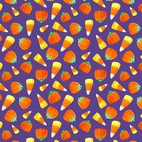 Small Scale Trick or Treat Halloween Candy Corn and Pumpkins Autumn Mellocremes on Grape Purple