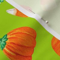 Large Scale Trick or Treat Halloween Candy Corn and Pumpkins Autumn Mellocremes on Lime Green