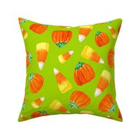 Large Scale Trick or Treat Halloween Candy Corn and Pumpkins Autumn Mellocremes on Lime Green
