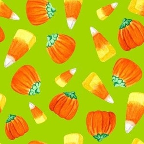 Medium Scale Trick or Treat Halloween Candy Corn and Pumpkins Autumn Mellocremes on Lime Green