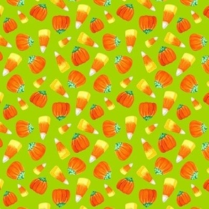 Small Scale Trick or Treat Halloween Candy Corn and Pumpkins Autumn Mellocremes on Lime Green