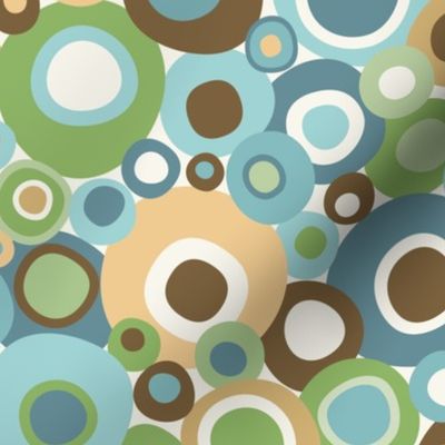 Mid Century Modern Overlapping Wobbly Circle Bits // Turquoise, Ocean Blue, Gold, Green, Brown, Light Eggshell (Ivory) // V2 @ 600 DPI - Normal Scale