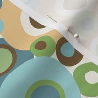 Mid Century Modern Overlapping Wobbly Circle Bits // Turquoise, Ocean Blue, Gold, Green, Brown, Light Eggshell (Ivory) // V2 @ 600 DPI - Normal Scale