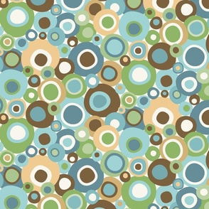 Mid Century Modern Overlapping Wobbly Circle Bits // Turquoise, Ocean Blue, Gold, Green, Brown, Light Eggshell (Ivory) // V2 @ 600 DPI - Normal Scale