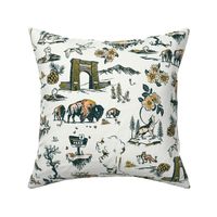 Yellowstone Animals, Nature & Wildlife Pattern. American National Park Art With Buffalo, Moose, Wolves