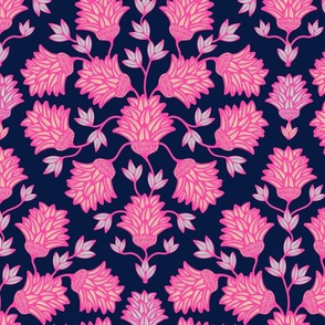 Thistledown Modern Floral Botanical Damask in Midnight Blue Hot Pink Sand Mint - MEDIUM Scale - UnBlink Studio by Jackie Tahara