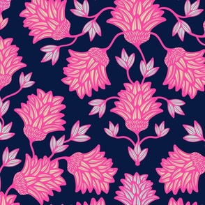 Thistledown Modern Floral Botanical Damask in Midnight Blue Hot Pink Sand Mint - LARGE Scale - UnBlink Studio by Jackie Tahara