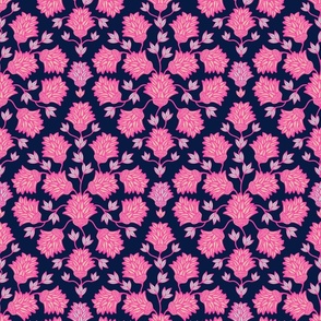 Thistledown Modern Floral Botanical Damask in Midnight Blue Hot Pink Sand Mint - SMALL Scale - UnBlink Studio by Jackie Tahara