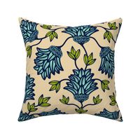 Thistledown Modern Floral Botanical Damask in Sand Midnight Blue Mint Chartreuse - LARGE Scale - UnBlink Studio by Jackie Tahara