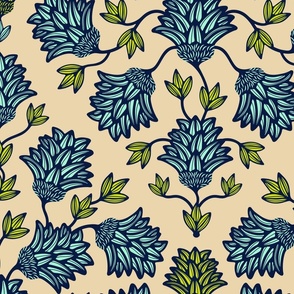 Thistledown Modern Floral Botanical Damask in Sand Midnight Blue Mint Chartreuse - LARGE Scale - UnBlink Studio by Jackie Tahara
