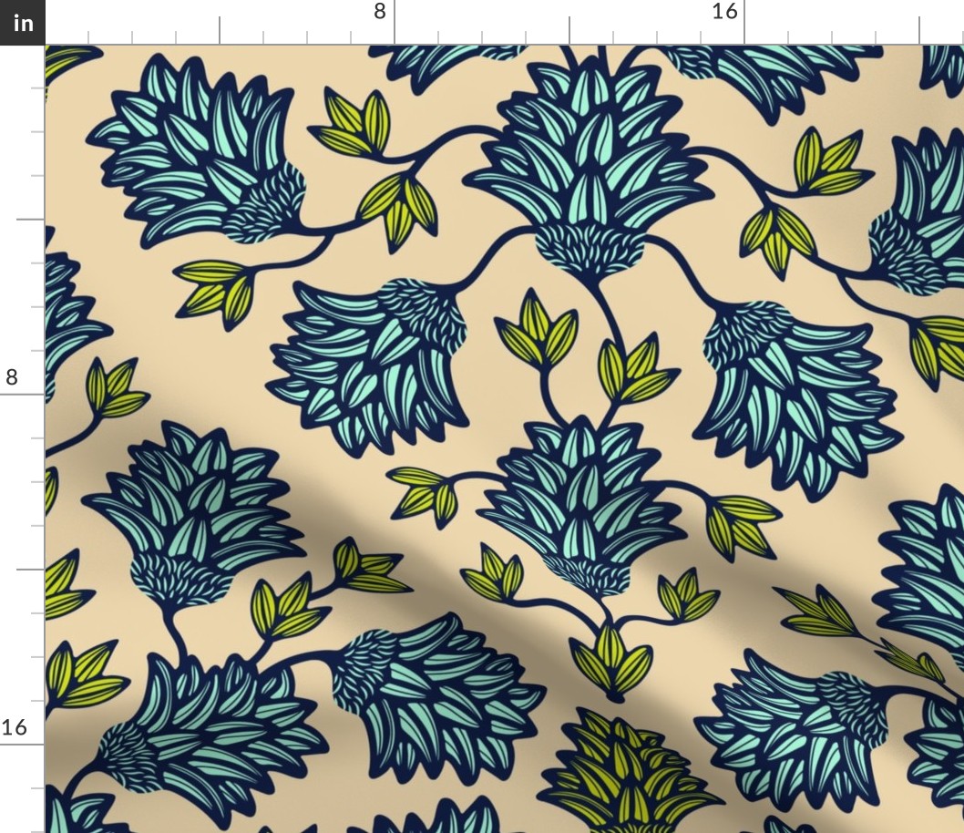 Thistledown Modern Floral Botanical Damask in Sand Midnight Blue Mint Chartreuse - LARGE Scale - UnBlink Studio by Jackie Tahara