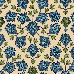 Thistledown Modern Floral Botanical Damask in Sand Midnight Blue Mint Chartreuse - MEDIUM Scale - UnBlink Studio by Jackie Tahara