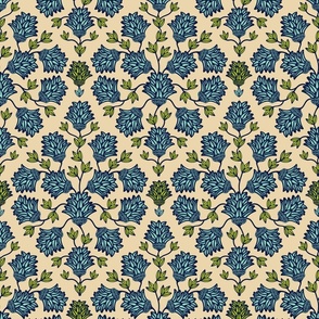 Thistledown Modern Floral Botanical Damask in Sand Midnight Blue Mint Chartreuse - SMALL Scale - UnBlink Studio by Jackie Tahara