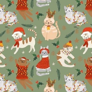 Christmas Cats in Warmers Cute Festive Sage Green