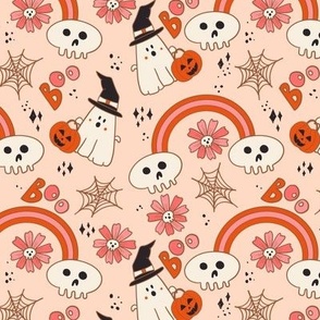 Halloween floral cute ghosts skulls pumpkins pink spooky creepy kids