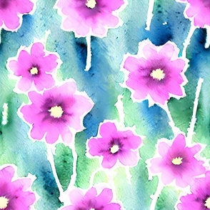 Watercolour florals flowers pink purple aqua bright bold wallpaper