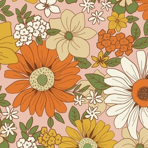 Retro Vintage Florals Botanical Sunflower Daisy 70's Orange