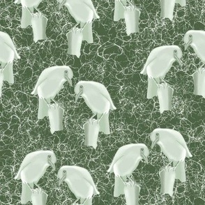 Medium - Scattered  Pinyon Jay Ice Sculptures on Crackly Olive Green Background