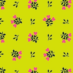 Mini Heart Flowers // Pink and Navy on Chartreuse