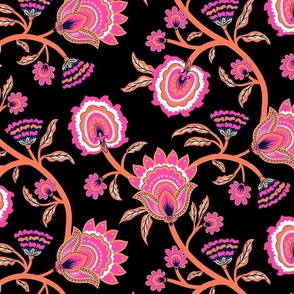 Bright  Spring Floral Chintz - hot pink and papaya orange on black - large