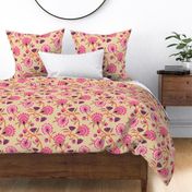 Bright Spring Floral Chintz - hot pink and papaya on sand - large