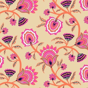 Bright Spring Floral Chintz - hot pink and papaya on sand - large