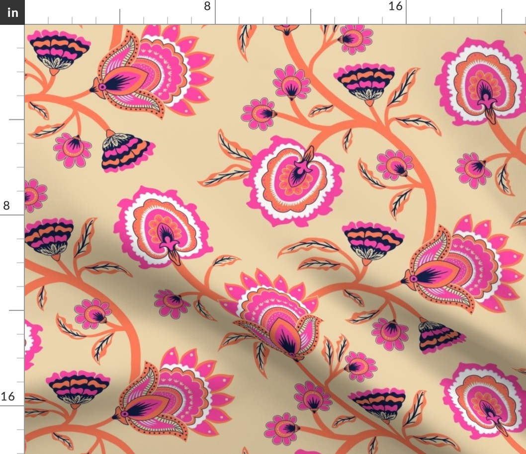 Bright Spring Floral Chintz - hot pink and papaya on sand - large