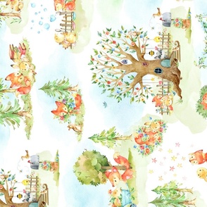 24” Fox + Bunny Friends, Cute Childrens Print // Homer and Louise collection, 24” pattern repeat ROTATED