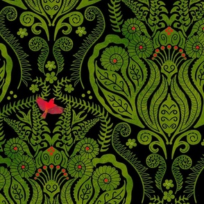 Hapuu Fern Damask green on black iiwi bird