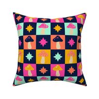 Bright Spring Mushrooms Check with stars - midnight blue, papaya, mint and hot pink - medium