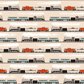Vintage trains line drawings on Almond