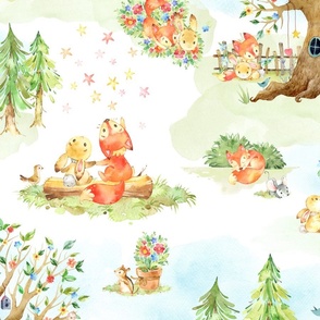 18” Fox + Bunny Friends, Cute Childrens Print // Homer and Louise collection, 18” pattern repeat