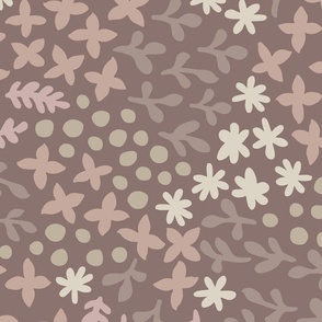Garden Scattered Doodles | Large Scale | Puce, pink, mauve, cream | Nondirectional botanical