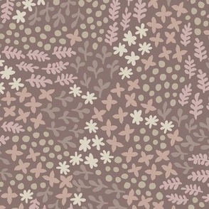 Garden Scattered Doodles | Small Scale | Puce, pink, mauve, cream | Nondirectional botanical