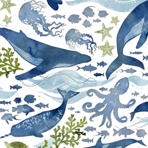 Ocean life green with navy whales extra large