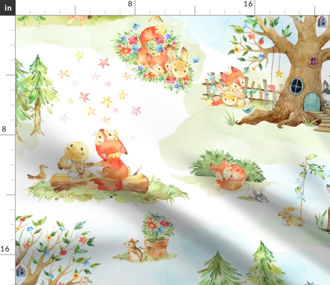 36” Fox + Bunny Friends, Cute Childrens Print // Homer and Louise collection, 36” pattern repeat