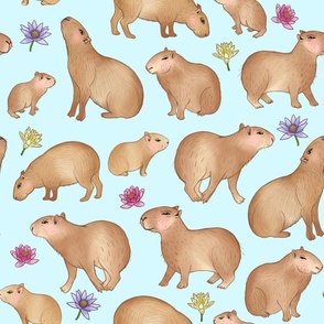 Jumbo Capybara and Waterlilies on Soft Blue by Brittanylane