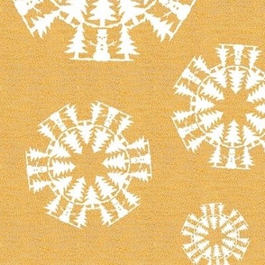 Snowman and Fir Trees Snowflake on Gold