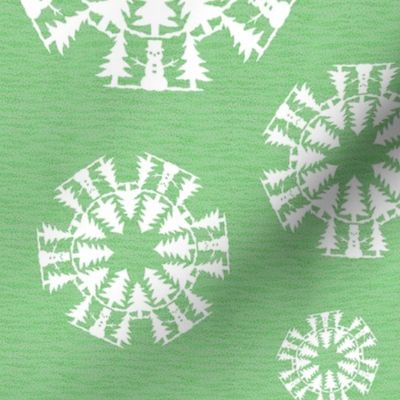 Snowman and Fir Trees Snowflake on Green