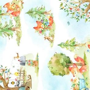 36” Fox + Bunny Friends, Cute Childrens Print // Homer and Louise collection, 36” pattern repeat ROTATED