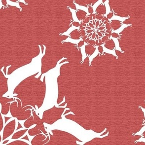 Leaping Buck Deer Snowflakes on Red