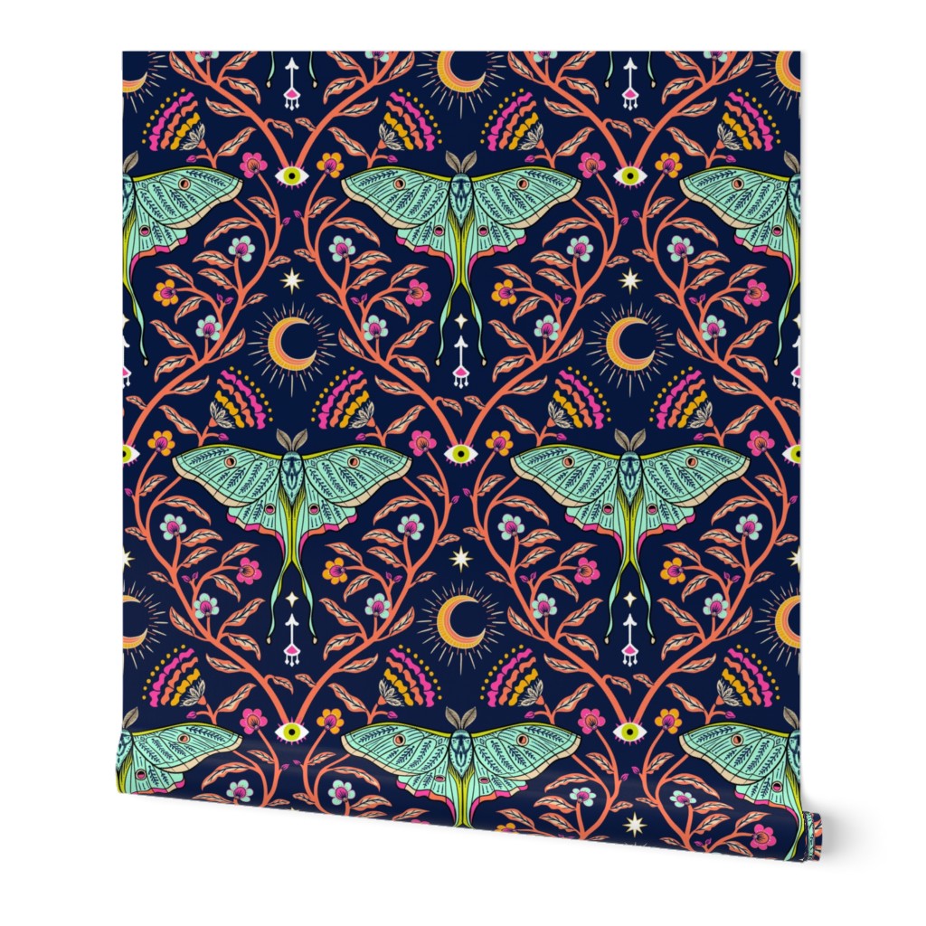 Spring Night Luna Moth Damask with moon and flowers - large