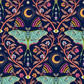 Spring Night Luna Moth Damask with moon and flowers - large