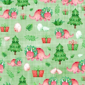 triceratops dino green linen 