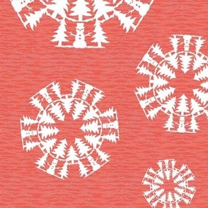 Snowman and Fir Trees Snowflake White on Red