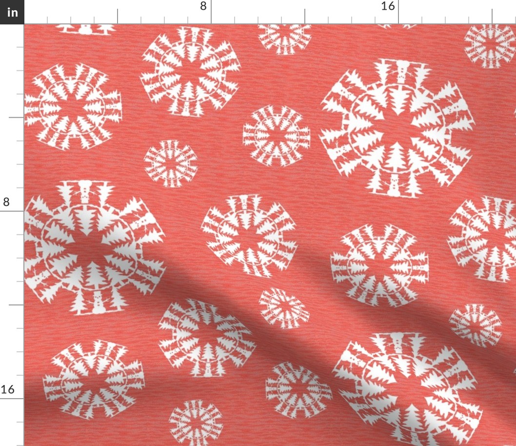 Snowman and Fir Trees Snowflake White on Red