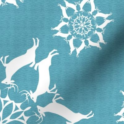 Leaping Buck Deer Snowflakes White on Turquoise Blue