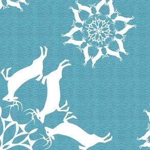 Leaping Buck Deer Snowflakes White on Turquoise Blue